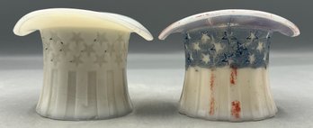 Vintage Milk Glass Uncle Sam Stars & Stripes Top Hat Toothpick Holders - 2 Total