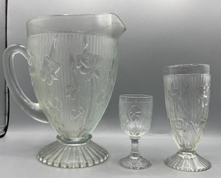 Jeanette Glass Co. Clear Glass Iris & Herringbone Pattern Glassware Set - 30 Pieces Total