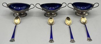 Sterling Silver Salt Cellars With Kobalt Blue Glass Inserts & 4 Sterling Enamel Spoons Included