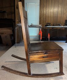 Turn Of The Century Antique Oak Mission Style Rocking Chair With Secret Side Drawer