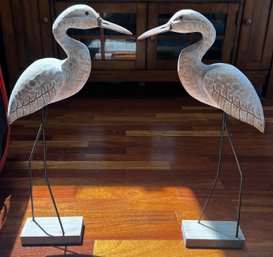 Hand Carved Wood Cranes With Metal Legs- Pair