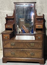 Antique Solid Wood 6-drawer Dresser With Attached Mirror - Key Not Included
