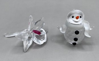 Swarovski Crystal Flower & Snowman Figurines - 2 Piece Lot
