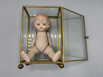 Vintage Bisque Porcelain Baby Doll With Glass Brass Trinket Box