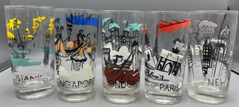 Hand Painted Famous City Pattern Drinking Glass Set - 5 Total