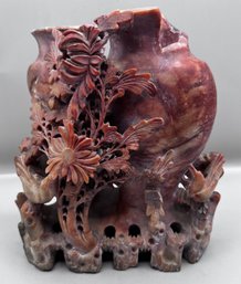 Chinese Carved Soapstone Brush Vase Decorated With Flowers & Birds