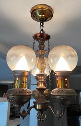 Vintage Converted Oil 3-arm Ceiling Lamp With Glass Dome Shades