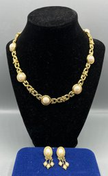 Gold-tone Faux Pearl Necklace With Matching Earring Set