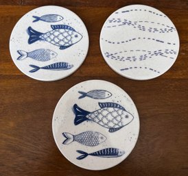 Ceramic Glazed Blue & White Fish Coasters- Set Of 3