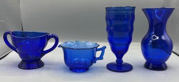 Cobalt Blue Sugar Bowl And Creamer Set With Drinking Glass & Vase - 4 Pieces Total