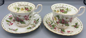 Royal Albert Bone China Flower Of The Month Series Christmas Rose Teacup Set - 2 Sets Total - Made In England