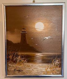 B. Duggan Signed Oil On Wood Framed - Lighthouse On The Bay