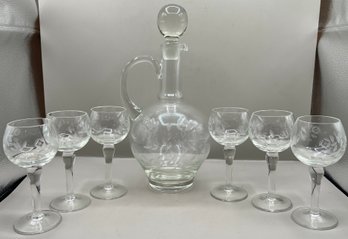 Etched Glass Decanter & Goblet Set - 7 Pieces Total