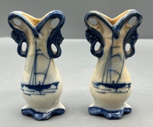 Miniature Delft Blue Stoneware Bud Vases - 2 Total