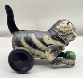 Antique Tin Litho Wind Up Cat With Ball Toy - Circa 1920s