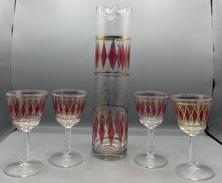 Mid Century Pink Diamond Skyscraper Cocktail Pitcher & 5 Cocktail Glasses  - 6 Pieces Total