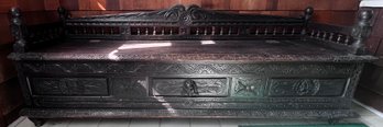 Antique Solid Walnut Hand Carved Armor Chest