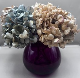 Dried White & Blue Hydrangeas In Purple Vase