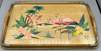 Hand Painted Flamingo Pattern Wooden Serving Tray With Handles - Made In Japan