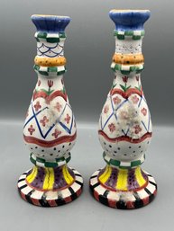 Ganz Bella Casa Hand Painted Ceramic Candlestick Holders - 2 Total