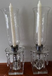 Vintage Crystal Etched Hurricane Candlestick Lamps