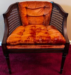 MCM Orange Velvet Tufted Cane-Side Barrel Chair