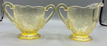 Lancaster Glass Co. Jubilee Pattern Amber Yellow Glass Sugar Bowl And Creamer Set - 2 Pieces Total