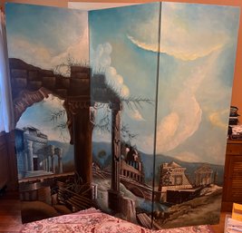 Hand Painted Laminated Wooden Wall Screen With Pedestal Included - 2 Piece Lot