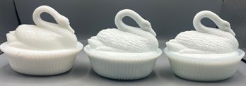 Milk Glass Covered Swan Bowls - 3 Total