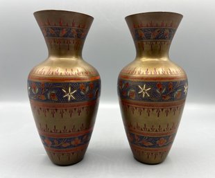 Indian Brass Hand Engraved Bud Vases - 2 Total - Made In India