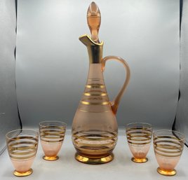 Mid-century Glass Decanter And Cup Set - 5 Pieces Total