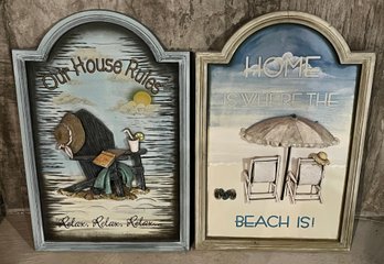 Wooden Beach Wall Decor Plaques - 2 Total - Our Rules / Home Is Where The Beach Is