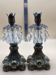 Vintage C.M.S. Brass Candle Stick Holders W/ Prisms - 2 Piece Lot