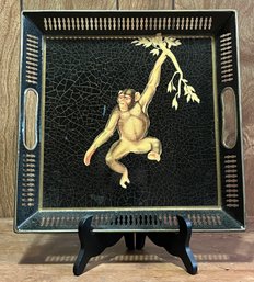 Artist Made Tennille Lacquered Monkey Pattern Footed Metal Tray