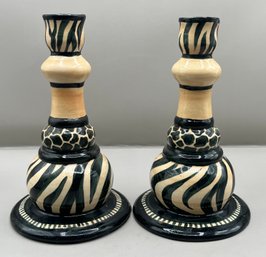 Hand Painted Ceramic Candlestick Holder Set - 2 Total