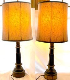 Vintage Wood Brass Table Lamps Set Of 2