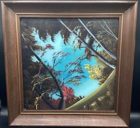 Hand Painted Landscape On Glass In Wood Frame