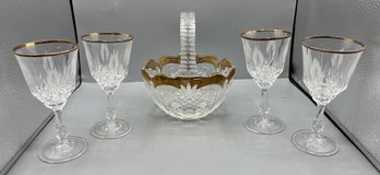 Etched Crystal 24k Gold Trim Wine Glasses With Decorative Basket Style Bowl - 7 Pieces Total