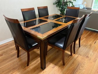 Solid Wood Glass-top Dining Table With 6 Cushioned Dining Chairs - 2 Leafs & Pads Included