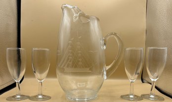 Javit Towle Austria Etched Crystal Clipper Collection 90 Oz. Pitcher With 4 Stemmed Cordial Glasses