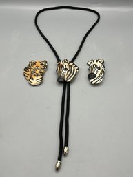 Carol Halmy Handmade Ceramic Zebra/Tiger Necklace & Pin Set