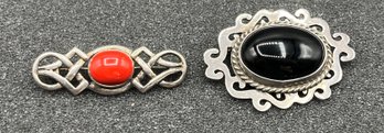 925 Silver Black Onyx & Red Coral Brooch / Pins - 2 Total - . 87 OZT Total