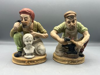 Hand Painted Bisque Porcelain Figurines - 2 Total - Blacksmith / Sculptor