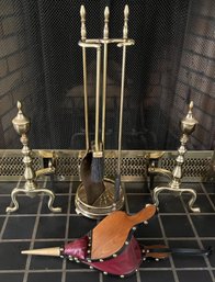 Brass Andirons With Fireplace Accessory Set And Wooden Handle Bellow Included