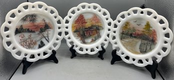 Anchor Hocking Milk Glass Hand Painted Plates - 3 Total