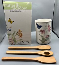 Lenox Butterfly Meadow Pattern Utensil Crock With Wooden Servers - NEW With Box