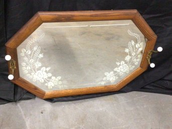 Etched Floral Patterned Wall Mirror With Wood Frame And Coat Hooks