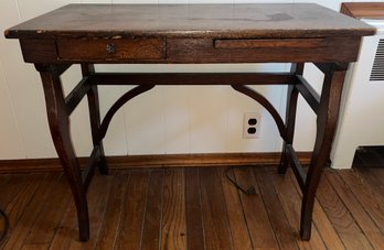 Antique Tiger Oak Wooden Childrens Desk With Drawer - Key Included