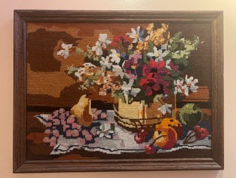 Handcrafted Needlepoint Art Framed - Fruit & Floral Bouquet