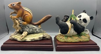 Andrea By Sadek Panda #5932 / Squirrel #9248 - Porcelain Figurines With Wood Bases Included - 2 Total